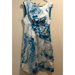 Maeve Anthropologie Blue White Marbled Waters Silk Blend Shift Dress Size 8